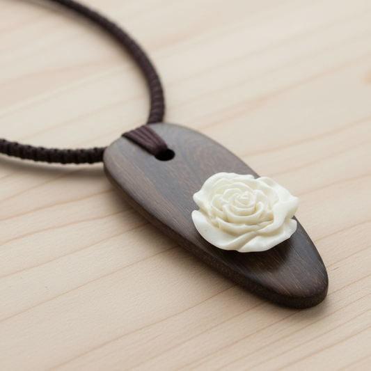 Hand Carved Bone Rose on Wood Spear Head Pendant Necklace