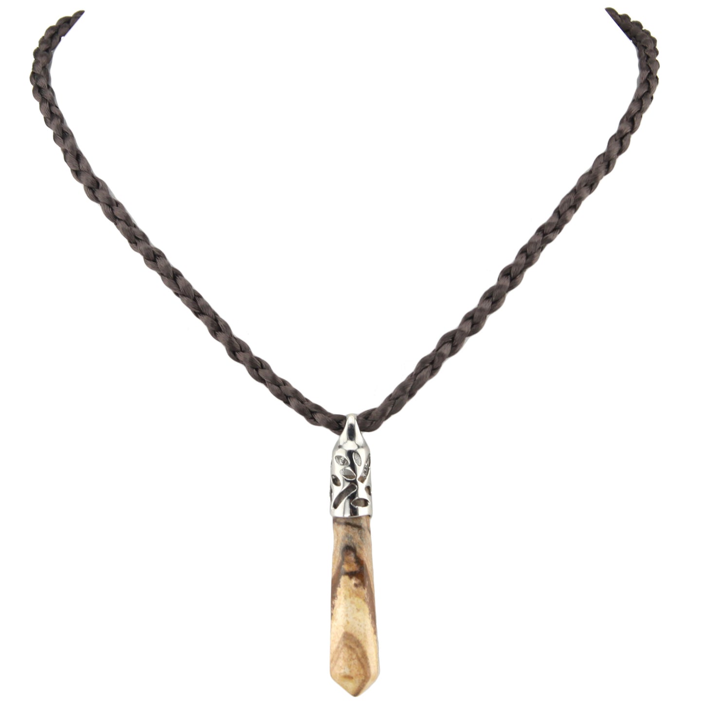 Marble Cut Stone Leafy Fitting Pendant with Brown Woven Necklace – image 2 – Evolatree Jewelry