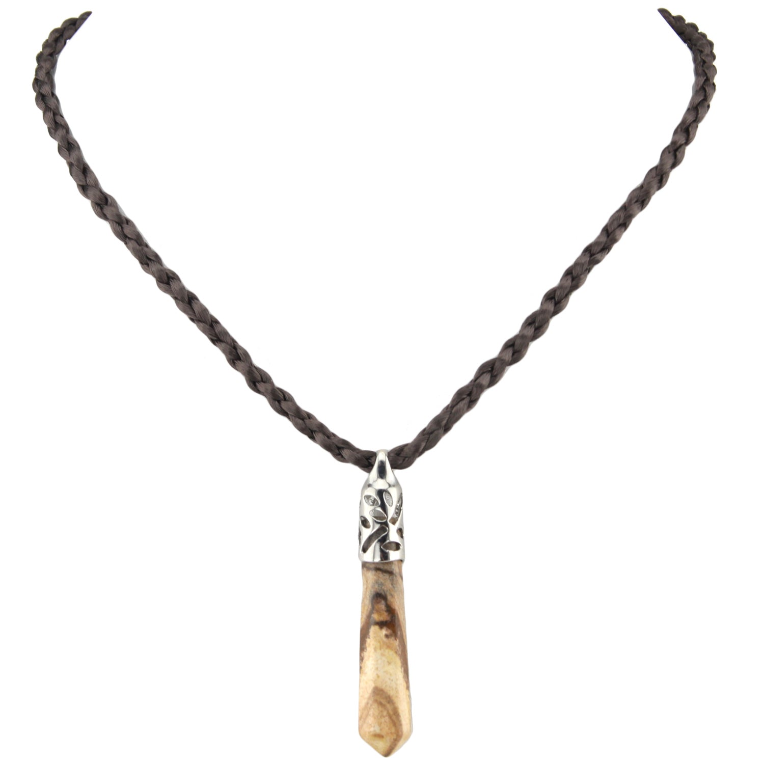 Marble Cut Stone Leafy Fitting Pendant with Brown Woven Necklace – image 2 – Evolatree Jewelry