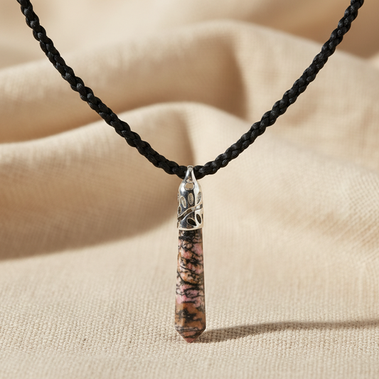 Marble Cut Stone Leafy Fitting Pendant with Black Woven Necklace