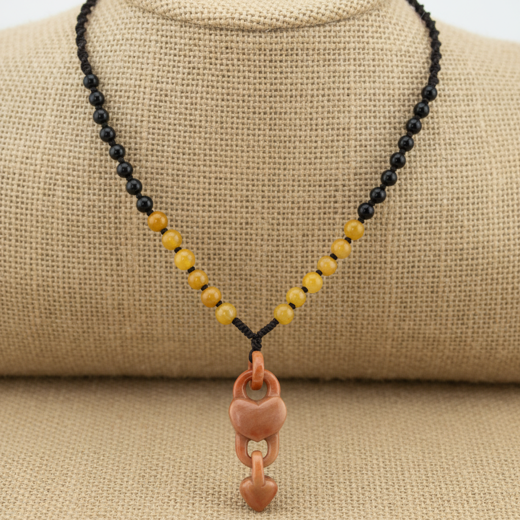 Chain Link Heart Natural Stone Pendant - Beaded Black Woven Necklace