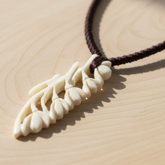 Hand Carved White Bone Magnolia Fleur Pendant Necklace