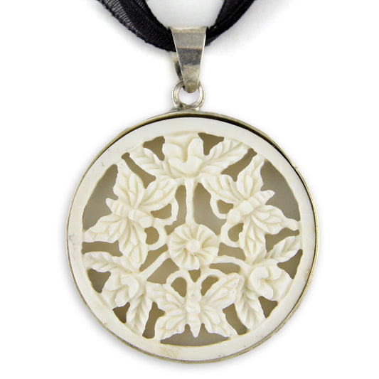Hand Carved Round Perforated Bone Butterfly Pendant in Silver Casing Necklace – Evolatree Jewelry