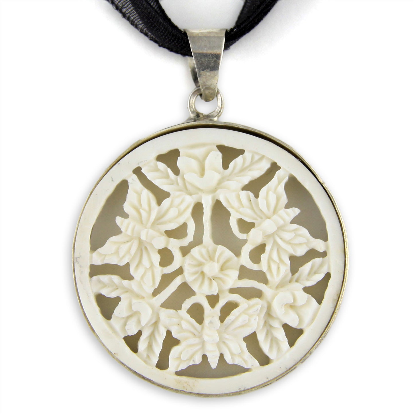 Hand Carved Round Perforated Bone Butterfly Pendant in Silver Casing Necklace – Evolatree Jewelry