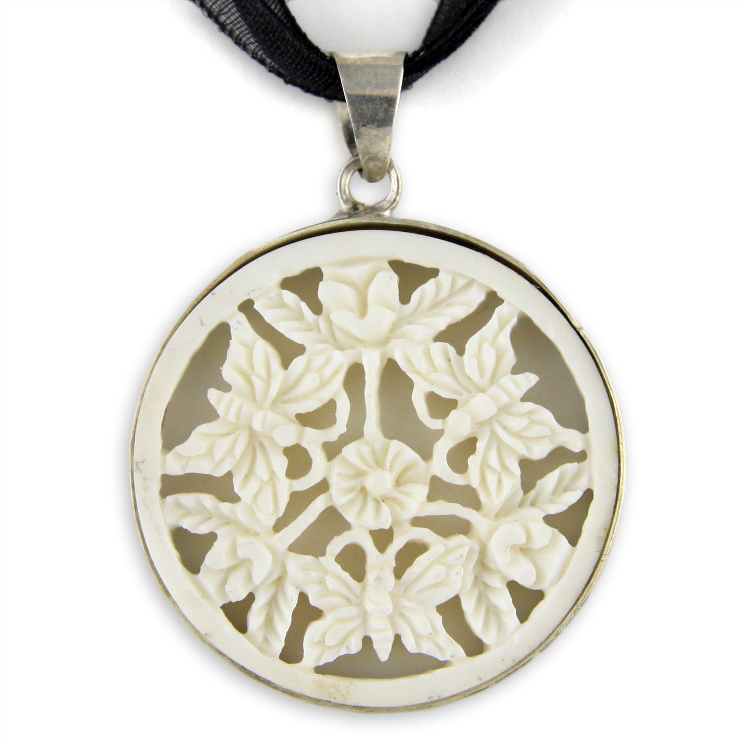 Hand Carved Round Perforated Bone Butterfly Pendant in Silver Casing Necklace – Evolatree Jewelry