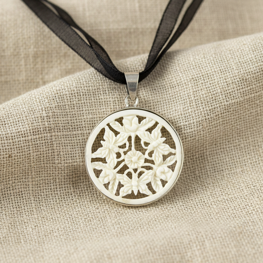 Hand Carved Round Perforated Bone Butterfly Pendant in Silver Casing Necklace