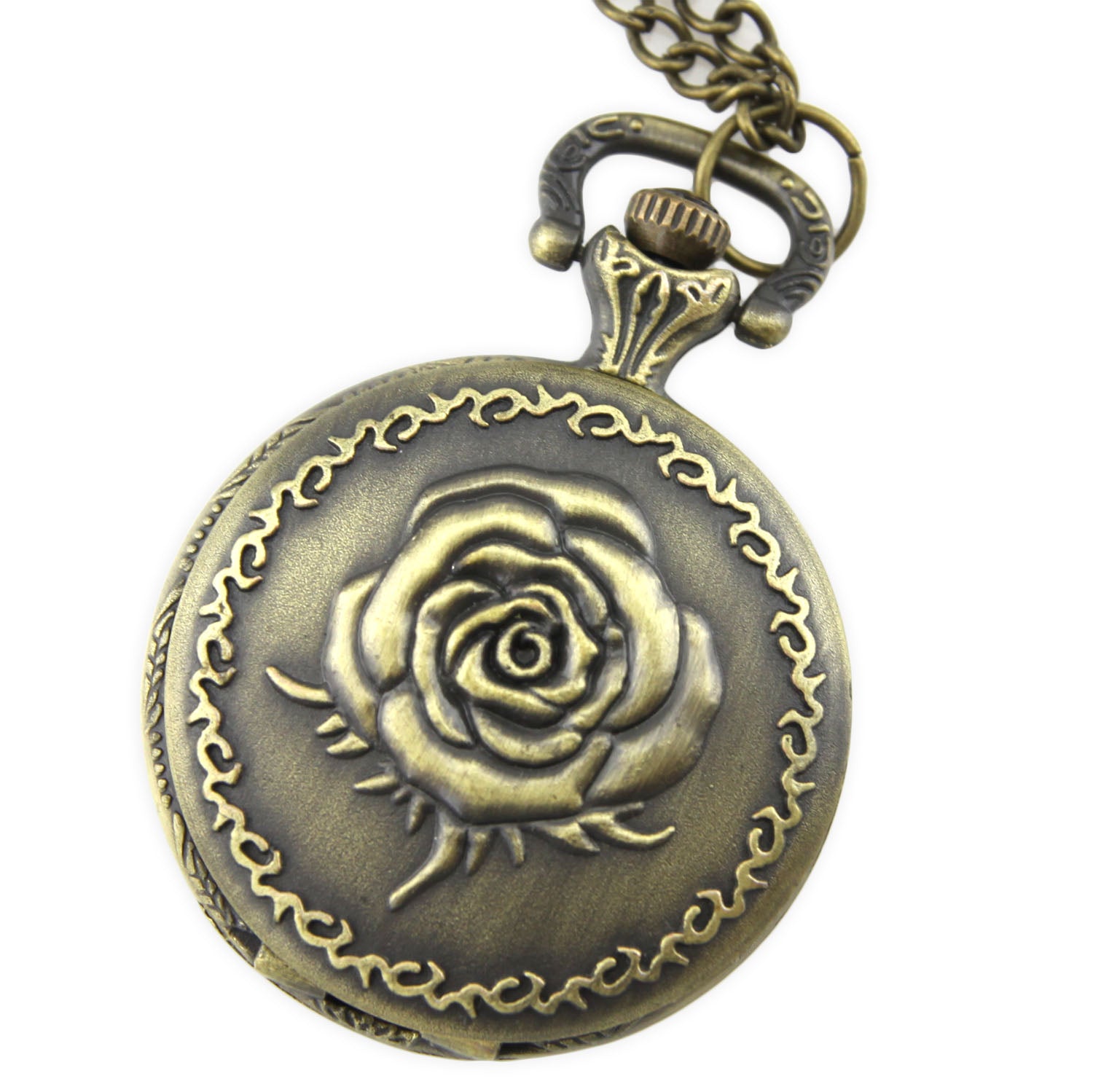 Brass Locket Watch Necklace - Rose Flower Quartz Pendant – image 2 – Evolatree Jewelry