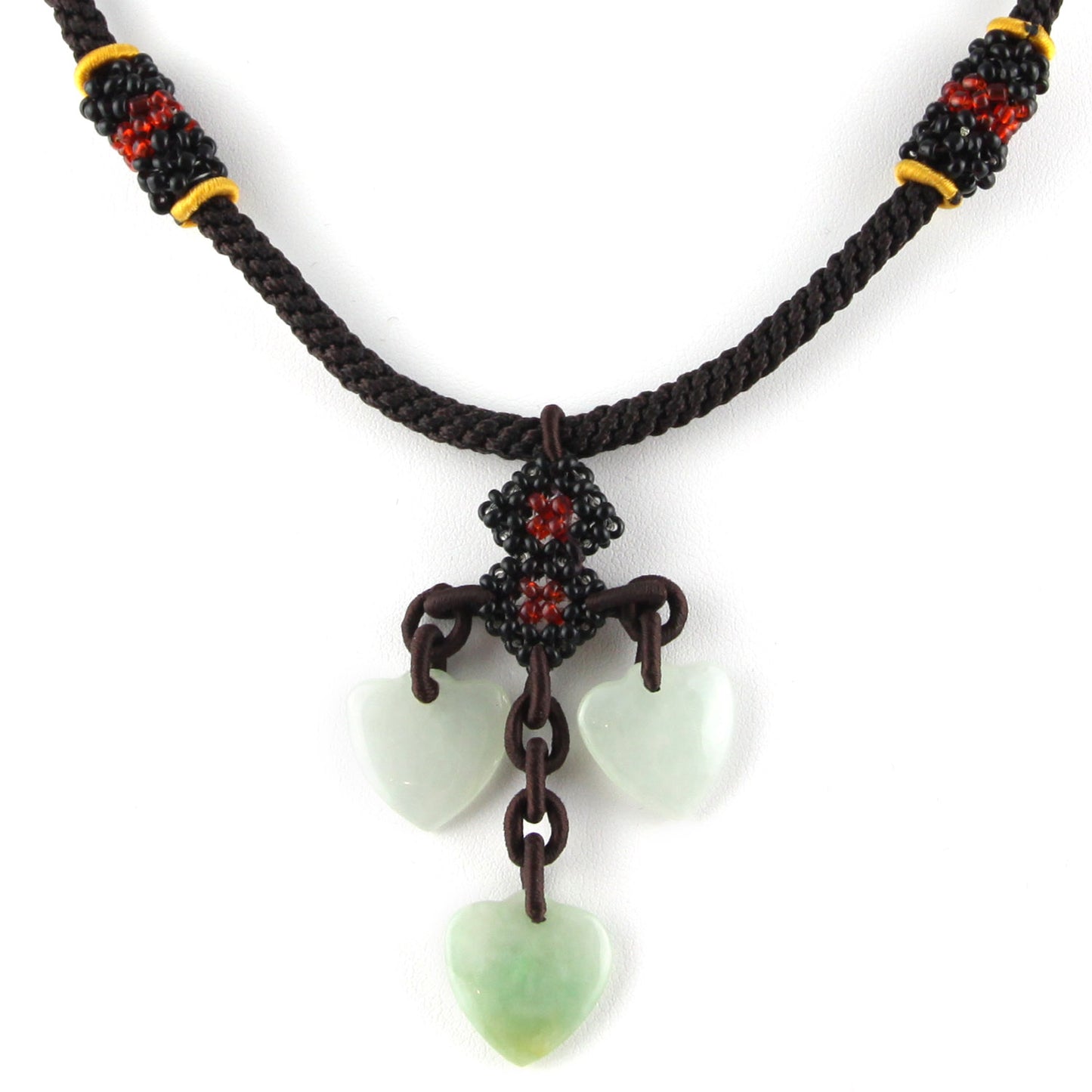 Iridescent White and Green Natural Stone Hearts Pendant - Thick Brown Woven Adjustable Necklace – image 2 – Evolatree Jewelry