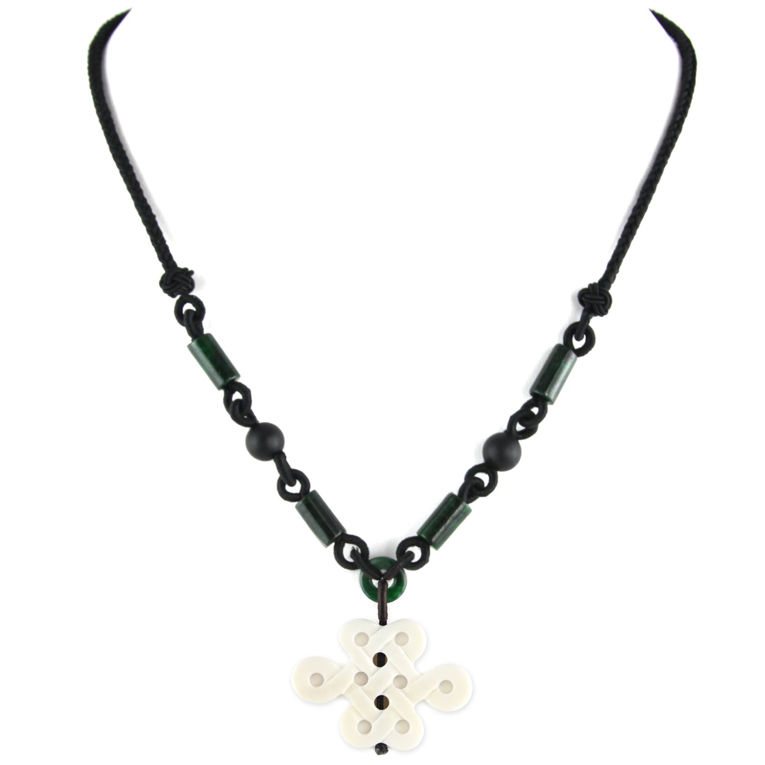 Hand Carved Good Luck Knot Pendant - Bone Pendant - Green Jade Bead Necklace – image 2 – Evolatree Jewelry