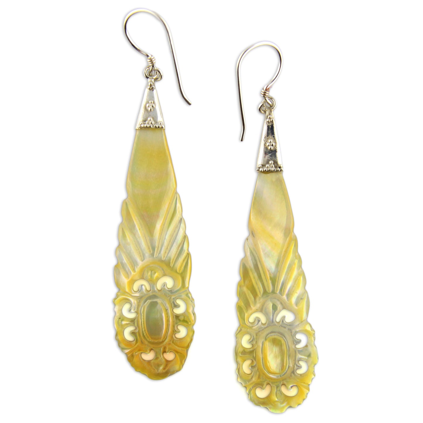 Hand Carved Shell Floral Teardrop Crest - and Silver Earrings – Evolatree Jewelry