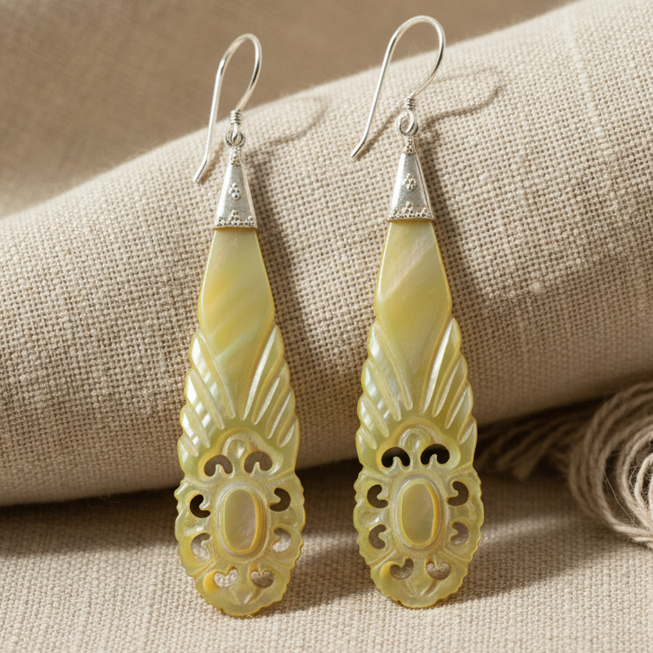 Hand Carved Shell Floral Teardrop Crest - and Silver Earrings
