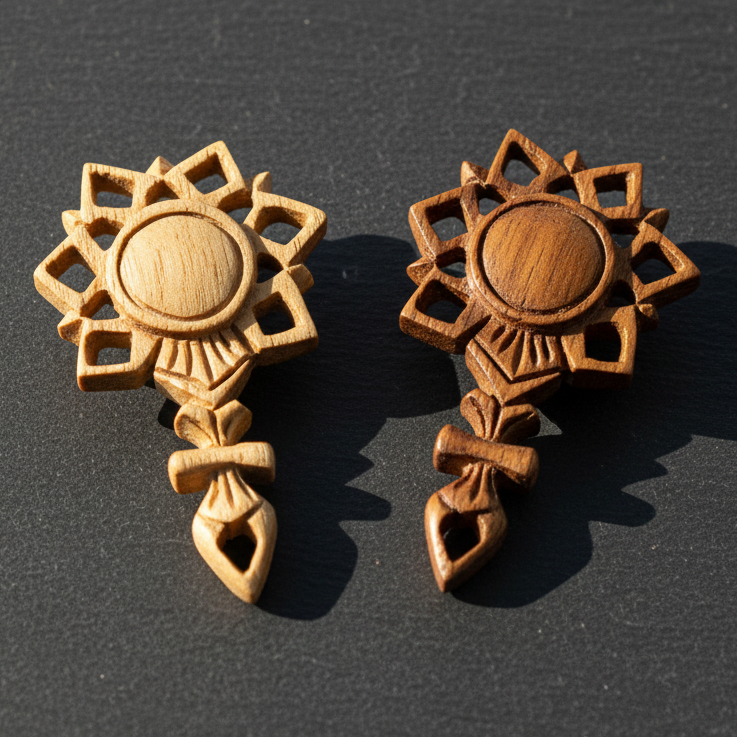 Hand Carved Wood & Horn Crest Ear Plugs - 12mm / 1/2