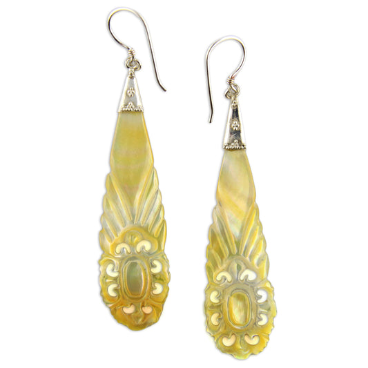 Hand Carved Shell Floral Teardrop Crest - and Silver Earrings – Evolatree Jewelry