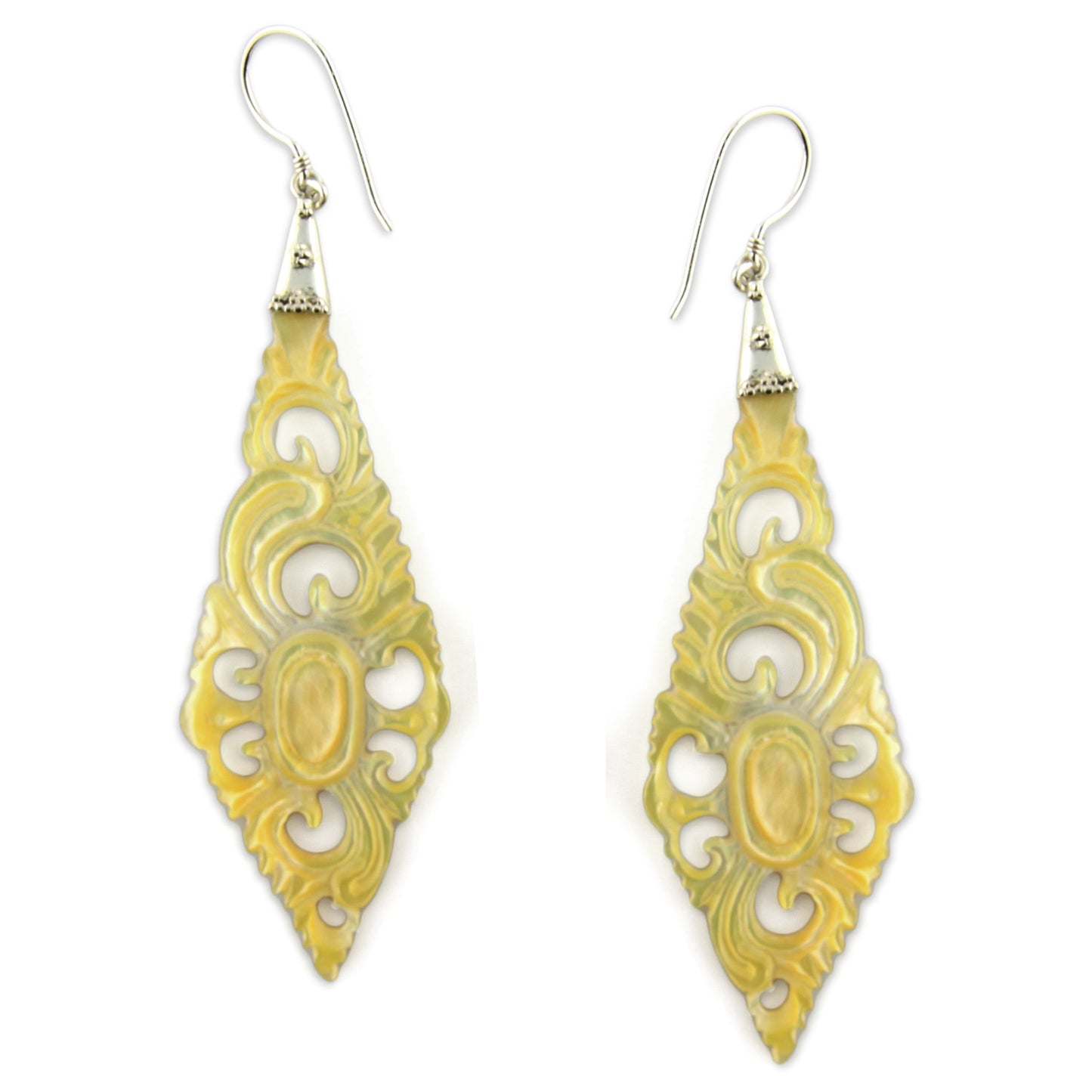 Hand Carved Shell Floral Diamond Crest - and Silver Earrings – Evolatree Jewelry