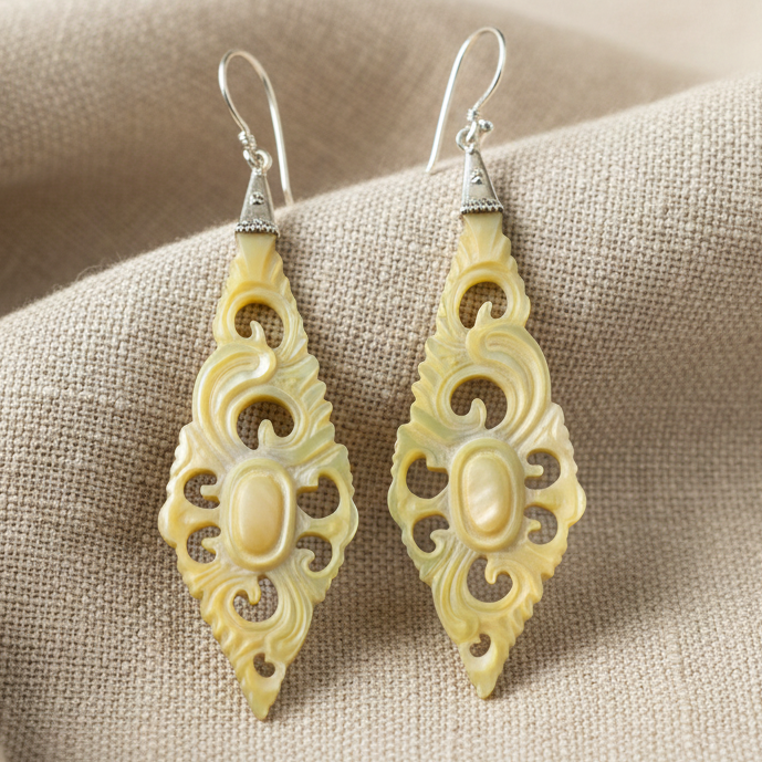 Hand Carved Shell Floral Diamond Crest - and Silver Earrings