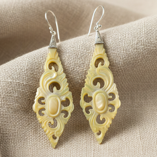 Hand Carved Shell Floral Diamond Crest - and Silver Earrings