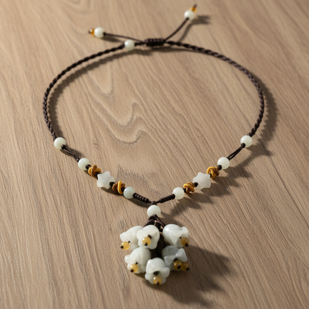 Hanging Floral Natural Stone Pendant - Star Beaded Black Woven Necklace