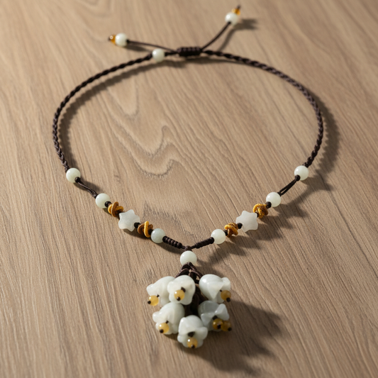 Hanging Floral Natural Stone Pendant - Star Beaded Black Woven Necklace