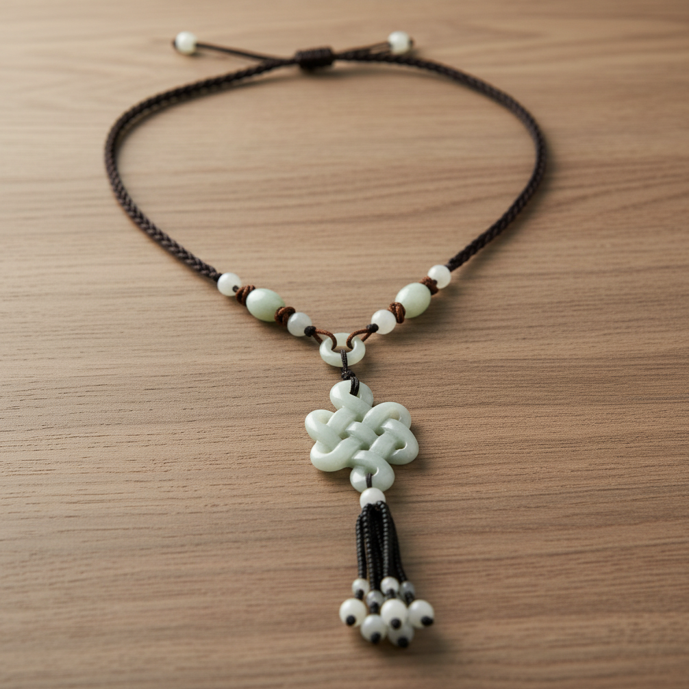 Infinity Knot Stone Pendant - Beaded Dark Brown Woven Necklace