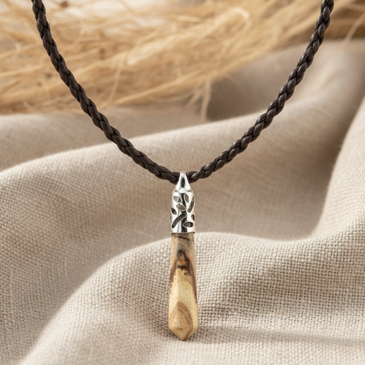 Marble Cut Stone Leafy Fitting Pendant with Brown Woven Necklace