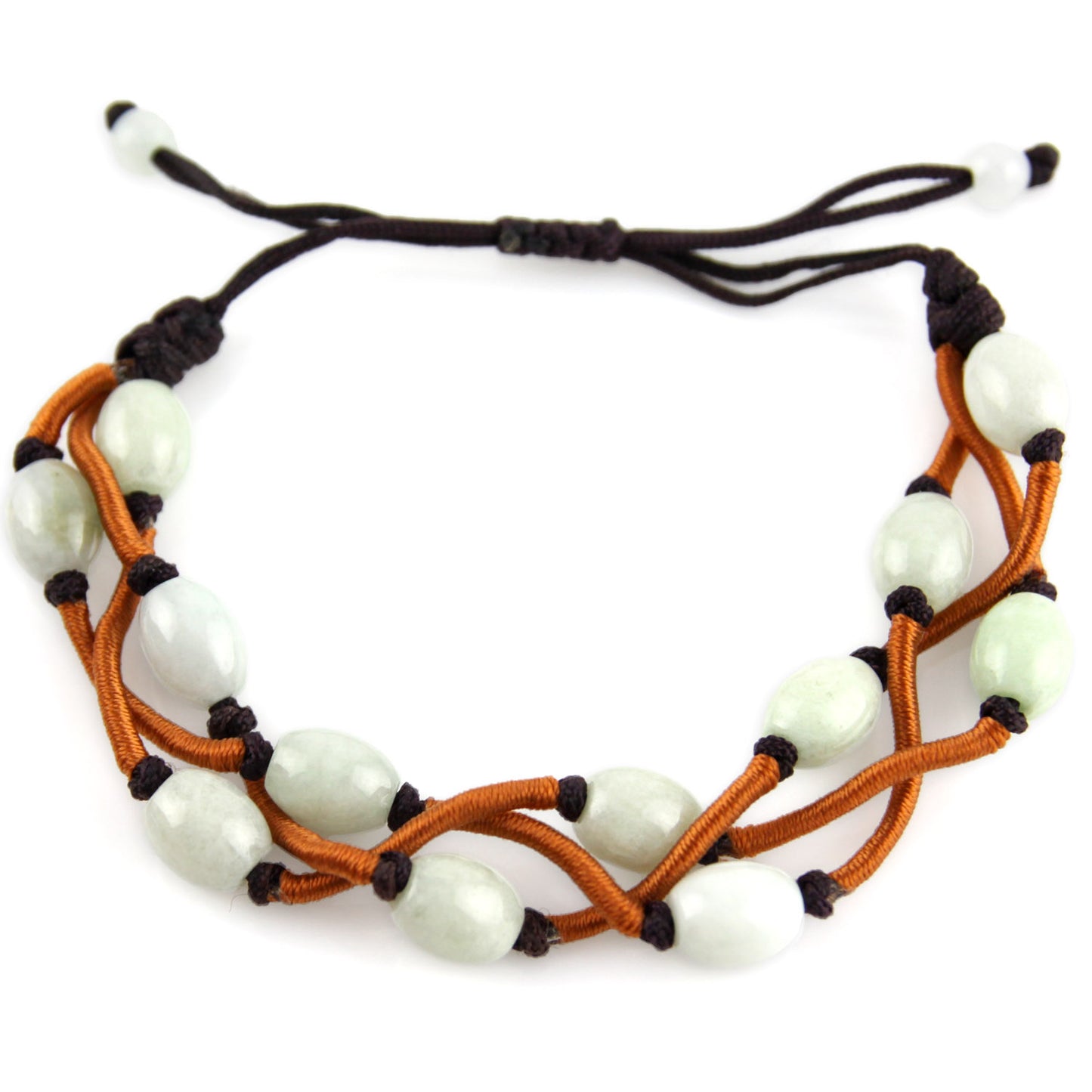 Deep Brown Adjustable Bracelet with Woven Copper Tri Strand and Jade Stone Beads – image 2 – Evolatree Jewelry