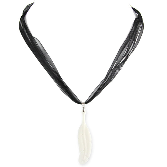 Hand Carved Sacred Feather Pendant - Bone Pendant - Black Ribbon Necklace – image 2 – Evolatree Jewelry