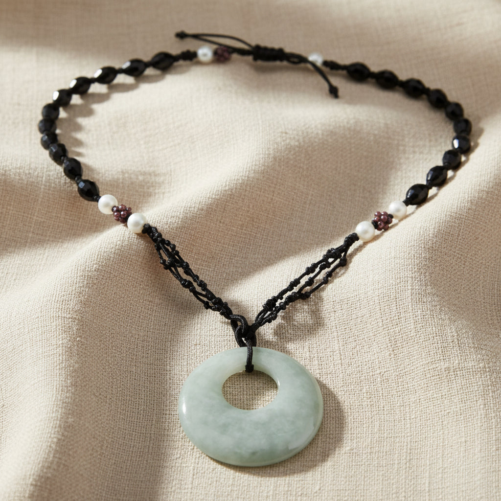 Crescent Moon Stone Pendant - Black Beaded Woven Necklace – image 2 – Evolatree Jewelry