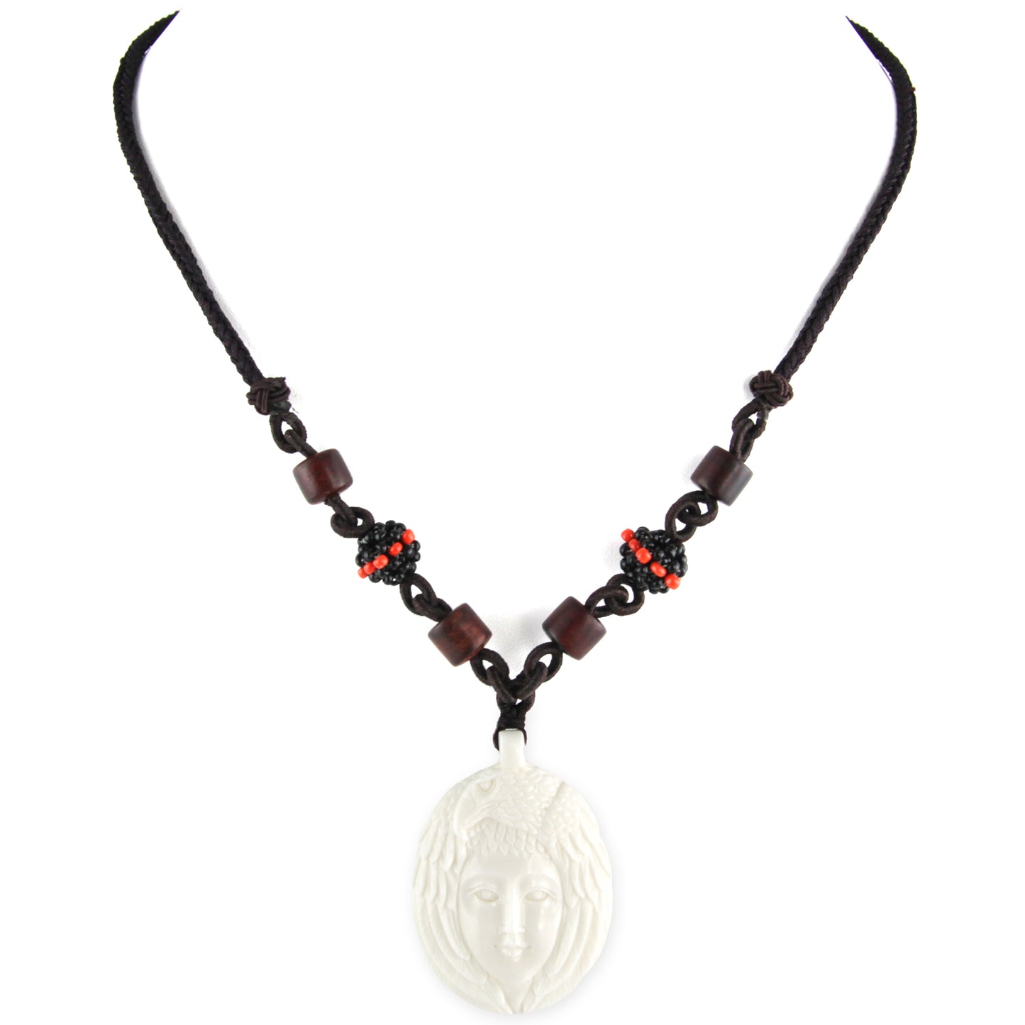 Hand Carved Spirit Eagle & Face Pendant - Bone Pendant - Wood Beaded Necklace – image 2 – Evolatree Jewelry