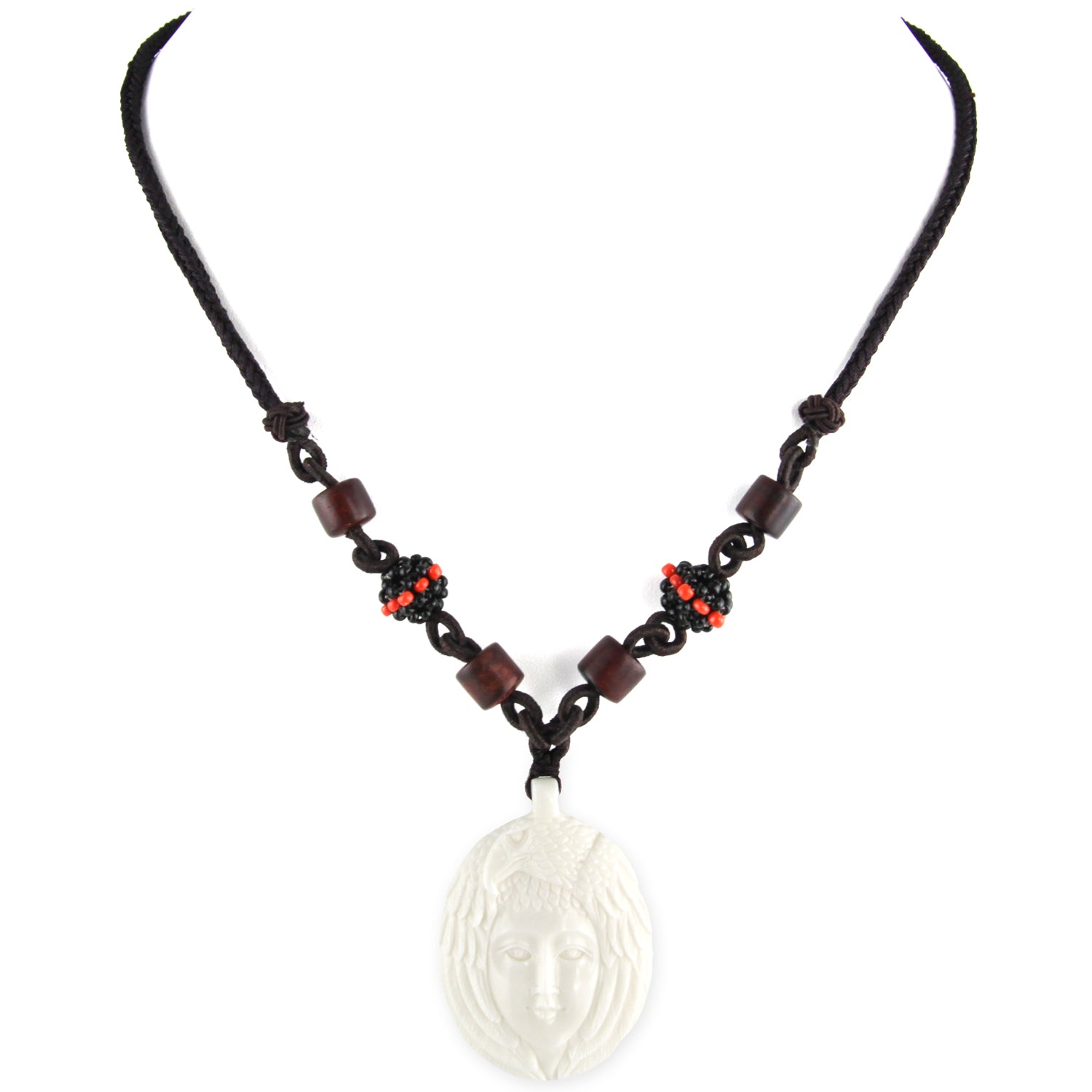 Hand Carved Spirit Eagle & Face Pendant - Bone Pendant - Wood Beaded Necklace – image 2 – Evolatree Jewelry