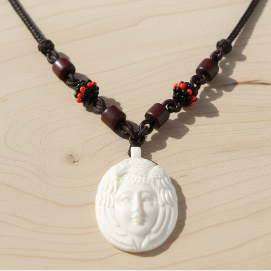 Hand Carved Spirit Eagle & Face Pendant - Bone Pendant - Wood Beaded Necklace