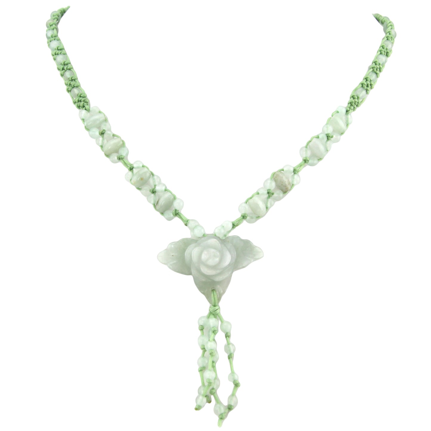 Leafy Flower Carved Natural Stone Pendant - Beaded Sage Green Woven Necklace – image 2 – Evolatree Jewelry