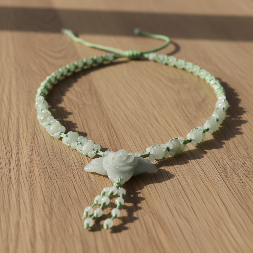 Leafy Flower Carved Natural Stone Pendant - Beaded Sage Green Woven Necklace