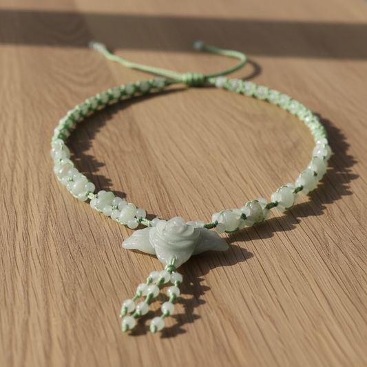 Leafy Flower Carved Natural Stone Pendant - Beaded Sage Green Woven Necklace