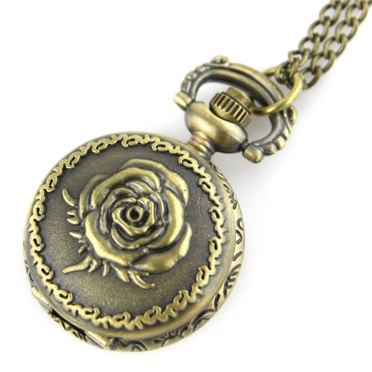 Brass Locket Watch Necklace - Blooming Rose Quartz Pendant – image 2 – Evolatree Jewelry