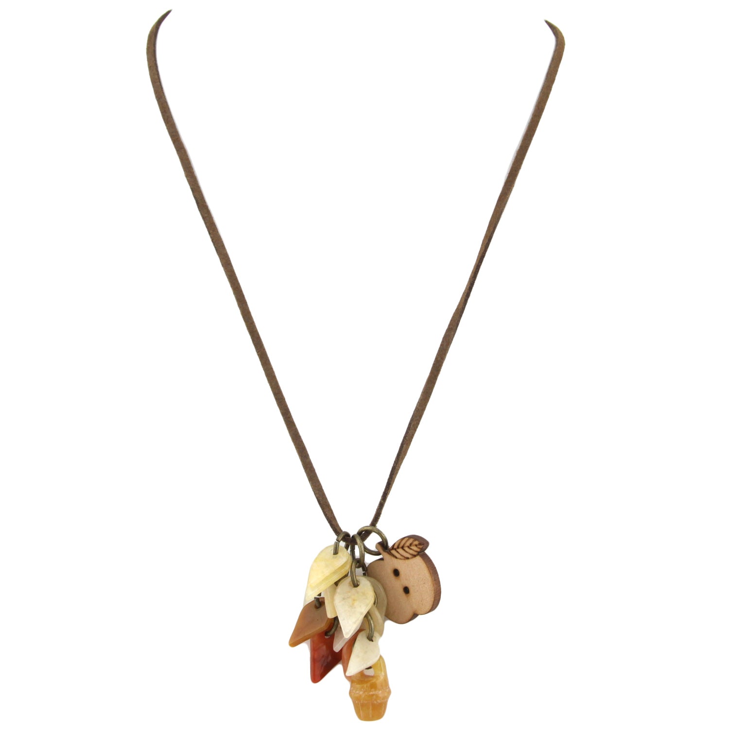 Natural Stone Flower & Leaf Wood Apple Charm Pendant with Brown Leather Necklace – image 2 – Evolatree Jewelry