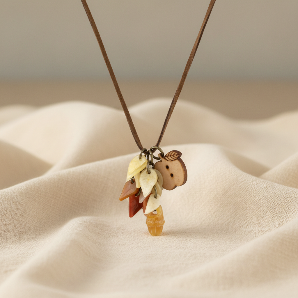 Natural Stone Flower & Leaf Wood Apple Charm Pendant with Brown Leather Necklace