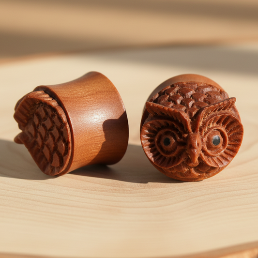 Hand Carved Owl Face Ear Plugs