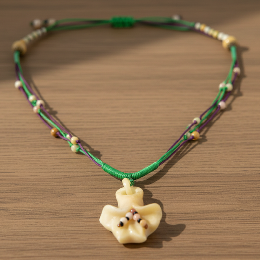 Hanging Flower Natural Stone Pendant - Beaded Green and Purple Woven Necklace