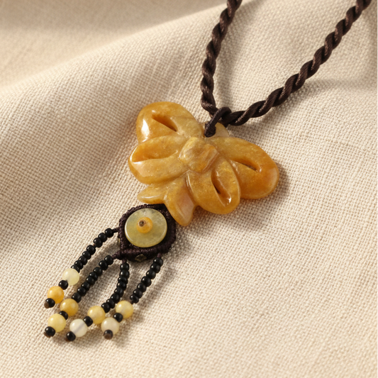Peach Natural Stone Butterfly and Beads - Brown Necklace