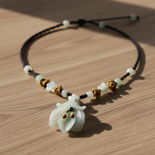 Floral Carved Natural Stone Pendant - Star Beaded Black Woven Necklace