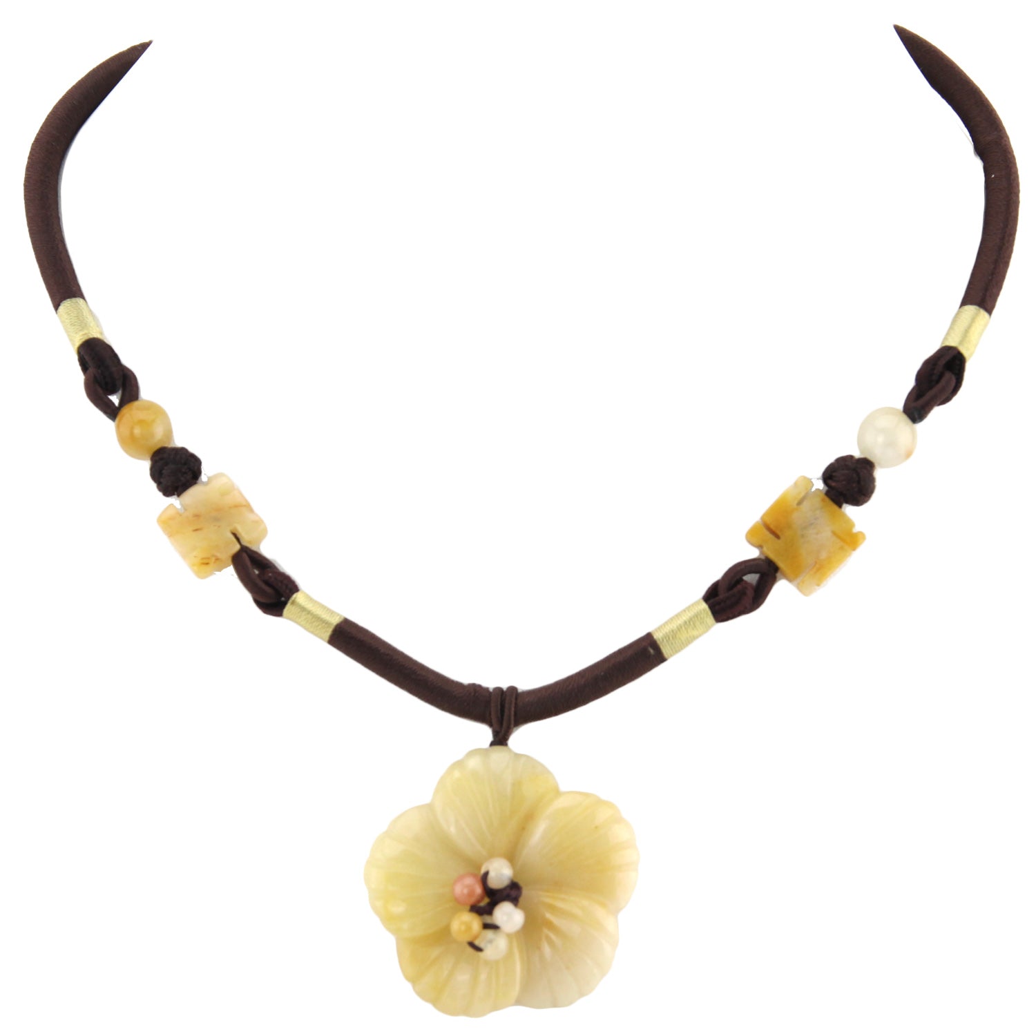 Carved Natural Stone Flower Pendant and Beads - Black Woven Necklace – image 2 – Evolatree Jewelry