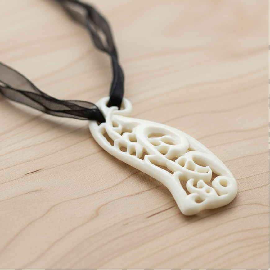Hand Carved White Bone Organic Filigree Pendant Necklace