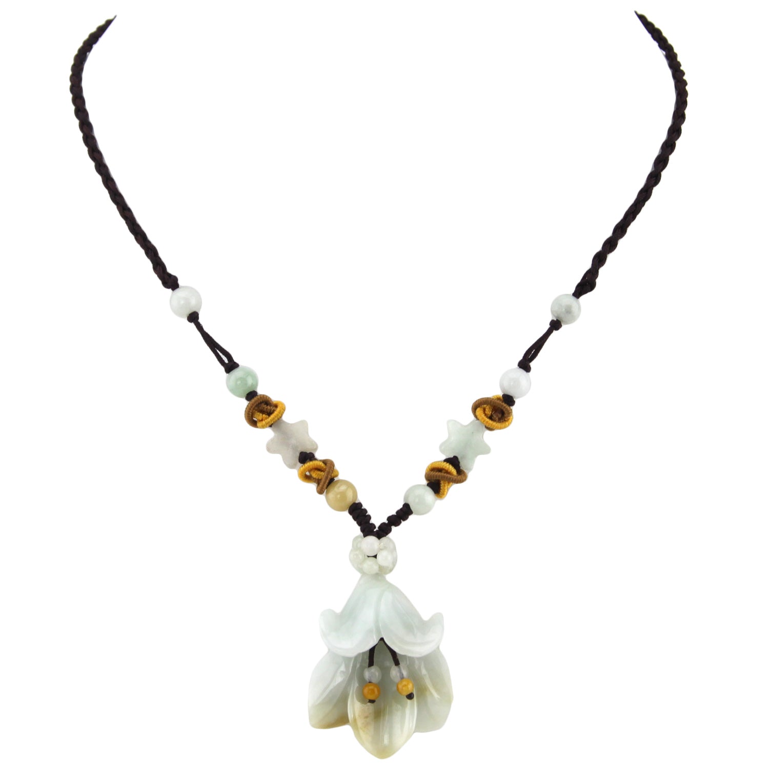 Floral Carved Natural Stone Pendant - Star Beaded Black Woven Necklace – image 2 – Evolatree Jewelry
