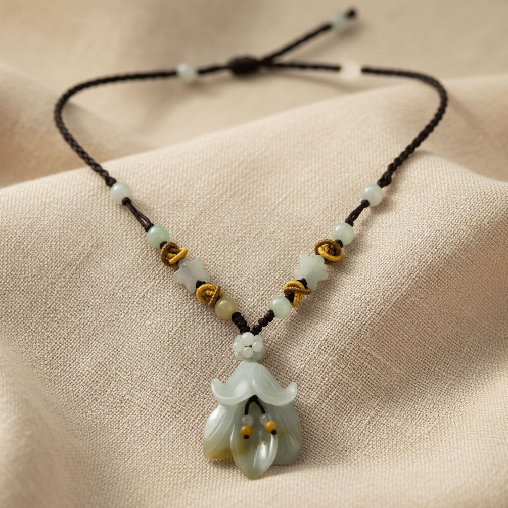 Floral Carved Natural Stone Pendant - Star Beaded Black Woven Necklace