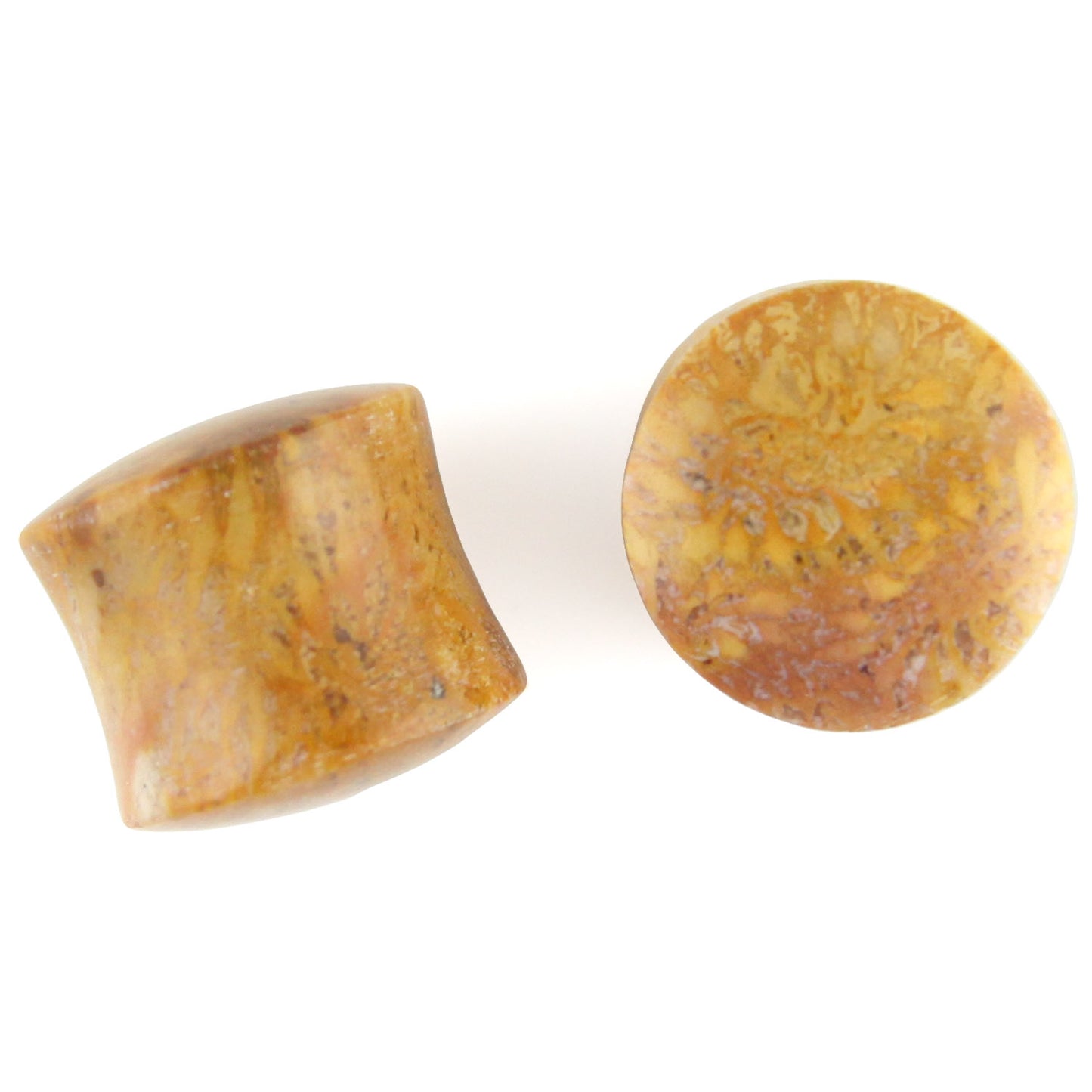Hand Carved Fossilized Coral Ear Plugs - Rose and Tan Hue - 14mm / 9/16 – image 2 – Evolatree Jewelry
