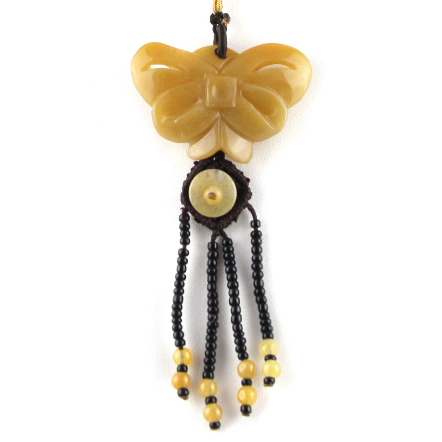 Peach Natural Stone Butterfly and Beads - Knotted Bead Detail - Brown Adjustable Necklace – image 2 – Evolatree Jewelry
