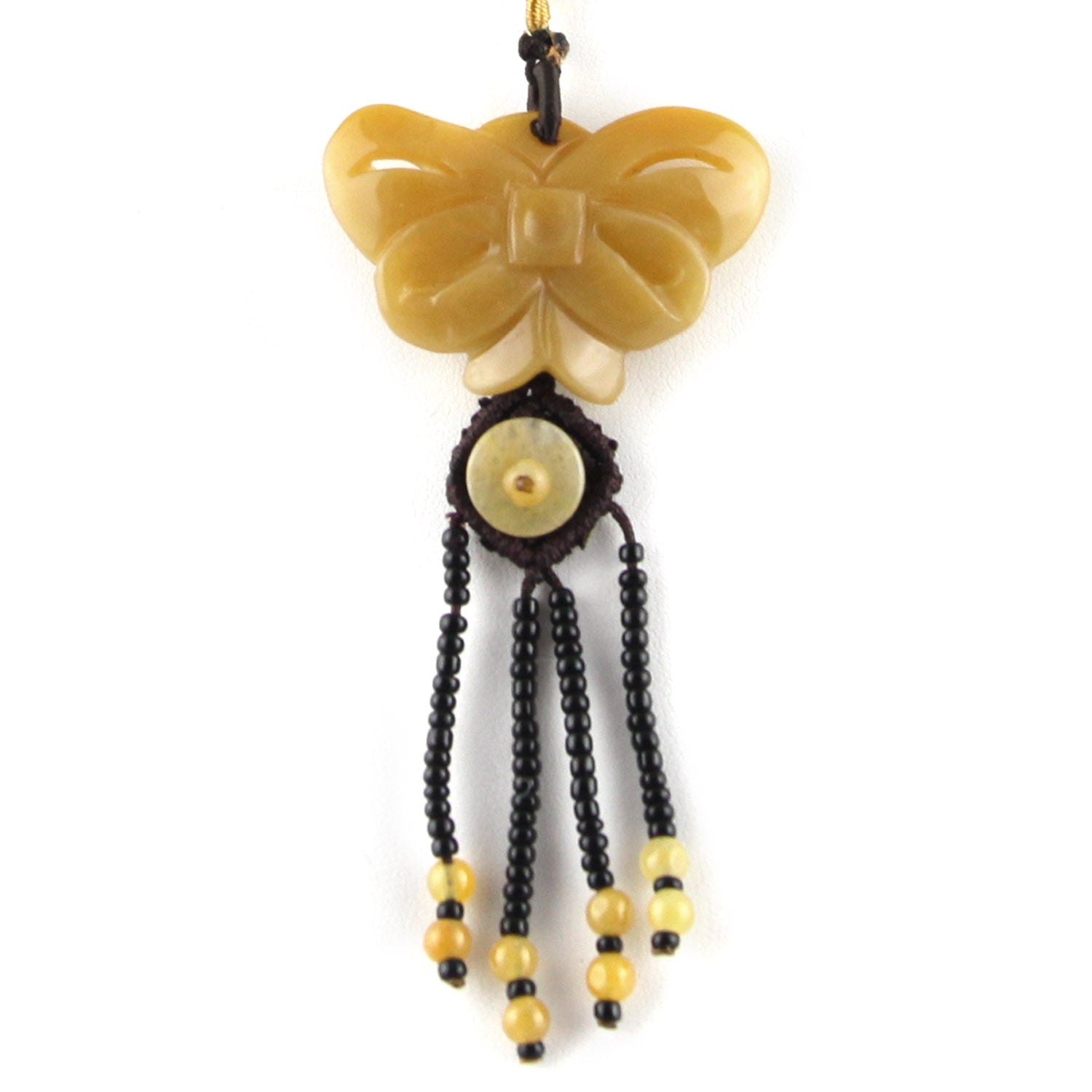 Peach Natural Stone Butterfly and Beads - Knotted Bead Detail - Brown Adjustable Necklace – image 2 – Evolatree Jewelry