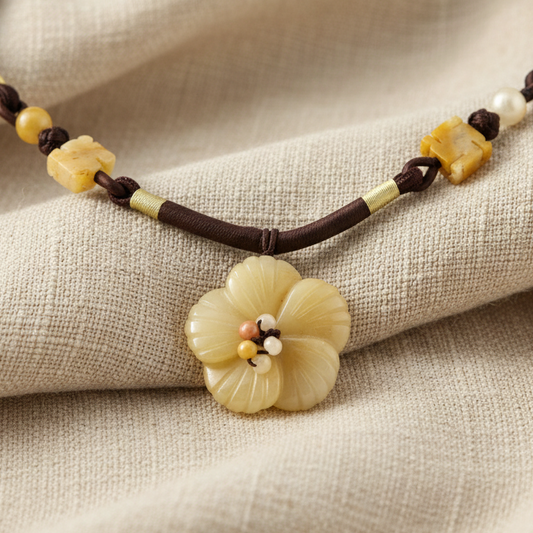 Carved Natural Stone Flower Pendant and Beads - Black Woven Necklace