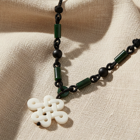 Hand Carved Good Luck Knot Pendant - Bone Pendant - Green Jade Bead Necklace