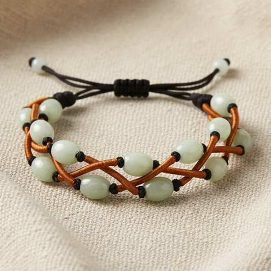 Deep Brown Adjustable Bracelet with Woven Copper Tri Strand and Jade Stone Beads